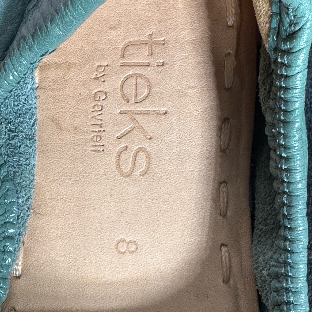 Tieks Women's Leather Ballet Flats in Sage Green with Teal Trim - Picture 3 of 10